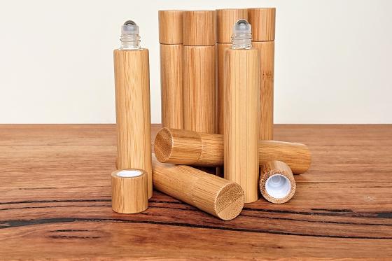 Image of 10ml bamboo-covered glass bottles
